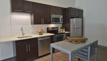 a kitchen in a one bedroom apartment at the flats at big tex apartments in san anton